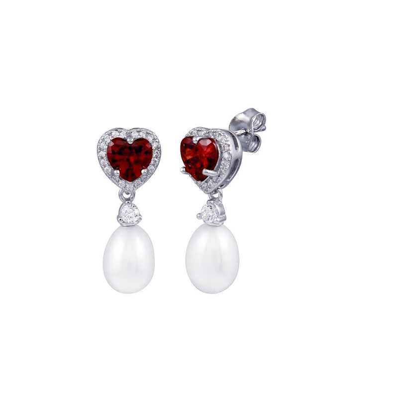 Silver 925 Rhodium Plated Heart Garnet, Clear CZ and Pearl Dangling Stud Earrings - BGE00718 | Silver Palace Inc.