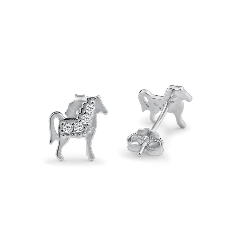 Rhodium Plated 925 Sterling Silver Horse Clear CZ Stud Earrings - BGE00730 | Silver Palace Inc.