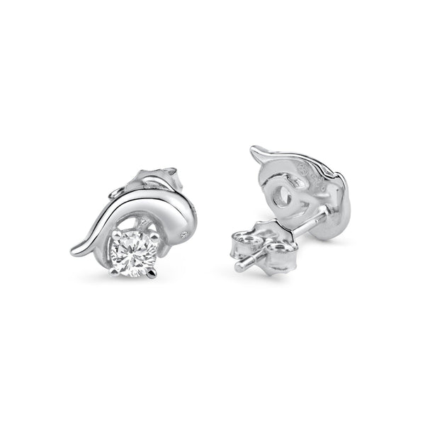 Silver 925 Rhodium Plated Dangling CZ Dolphin Clear CZ Earrings - BGE00731 | Silver Palace Inc.