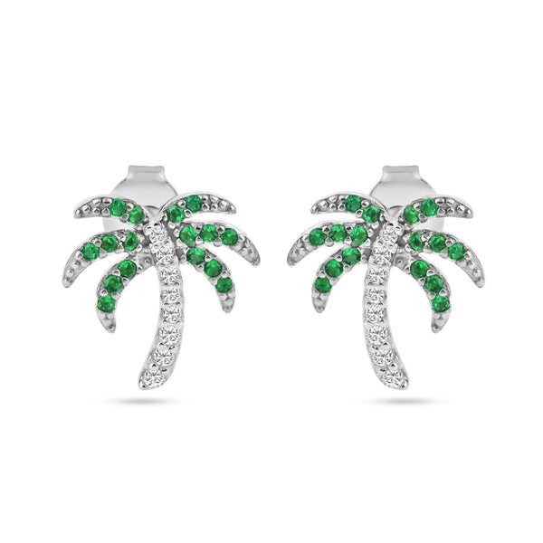 Silver 925 Rhodium Plated PalmTree Clear, Green and Black CZ Stud Earrings - BGE00737 | Silver Palace Inc.