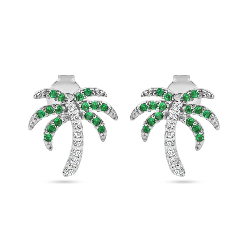 Rhodium Plated 925 Sterling Silver PalmTree Clear, Green and Black CZ Stud Earrings - BGE00737 | Silver Palace Inc.