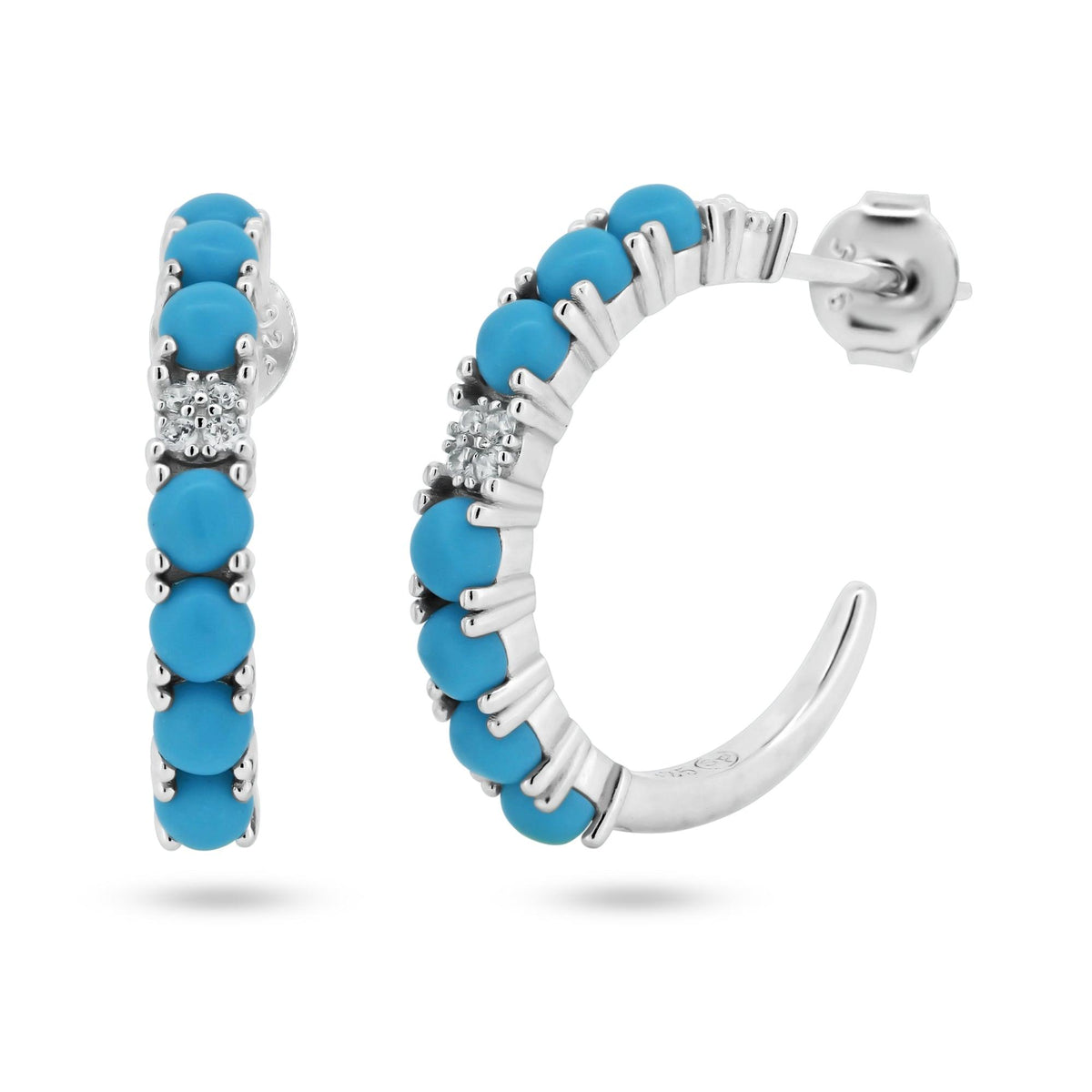 Rhodium Plated 925 Sterling Silver Semi Hoop Turquoise CZ