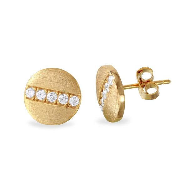 Silver 925 Matte Gold Plated Round Studs with Round CZ - BGE00517 | Silver Palace Inc.
