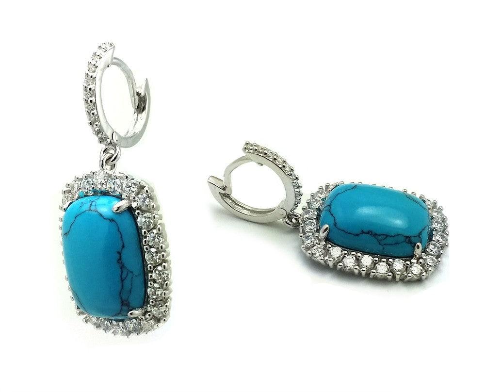 Silver 925 Rhodium Plated Turquoise Square CZ Outline Dangling huggie hoop Earrings - BGE00406 | Silver Palace Inc.