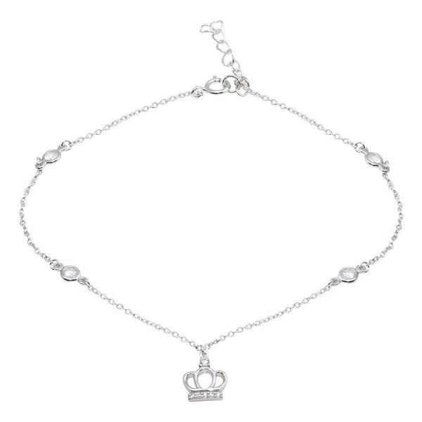 Silver 925 Rhodium Plated CZ Link Crown Charm Anklet - BGF00024 | Silver Palace Inc.