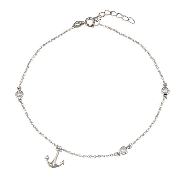 Silver 925 Rhodium Plated Anchor Anklet with CZ - BGF00025 | Silver Palace Inc.