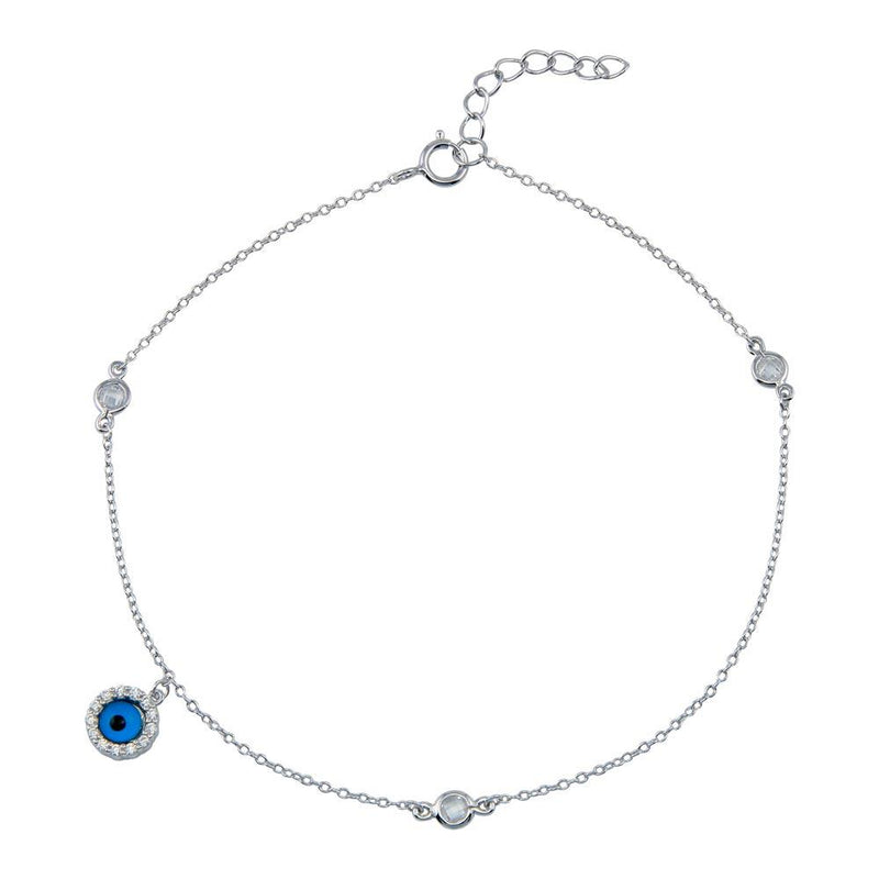 Rhodium Plated 925 Sterling Silver Evil Eye CZ Link Anklet - BGF00033 | Silver Palace Inc.