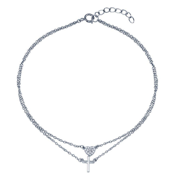 Rhodium Plated 925 Sterling Silver Double Row CZ Heart Cross Anklet - BGF00036 | Silver Palace Inc.