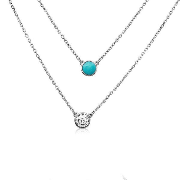 Silver 925 Rhodium Plated 2 Stranded Necklace with Turquoise and CZ - BGP01167 | Silver Palace Inc.