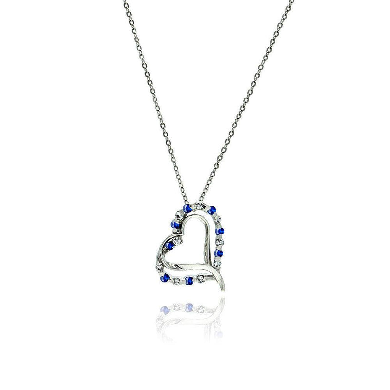 Silver 925 Double Open Heart Pendant with Blue and Clear CZ Accents - BGP00031BLUE | Silver Palace Inc.