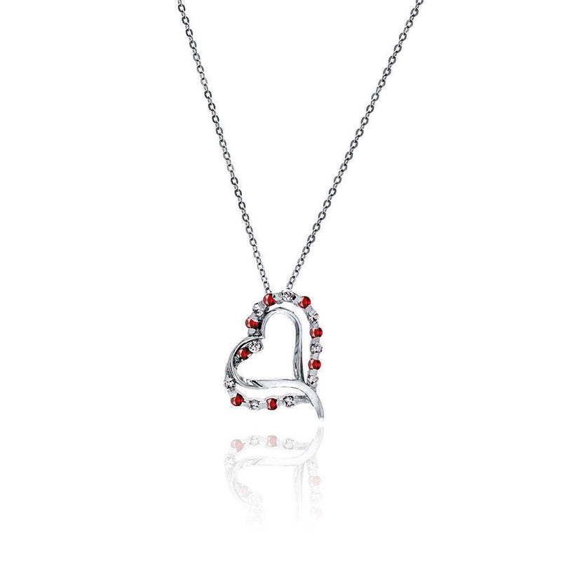 Silver 925 Red and Clear CZ Rhodium Plated Heart Necklace - BGP00031RED | Silver Palace Inc.