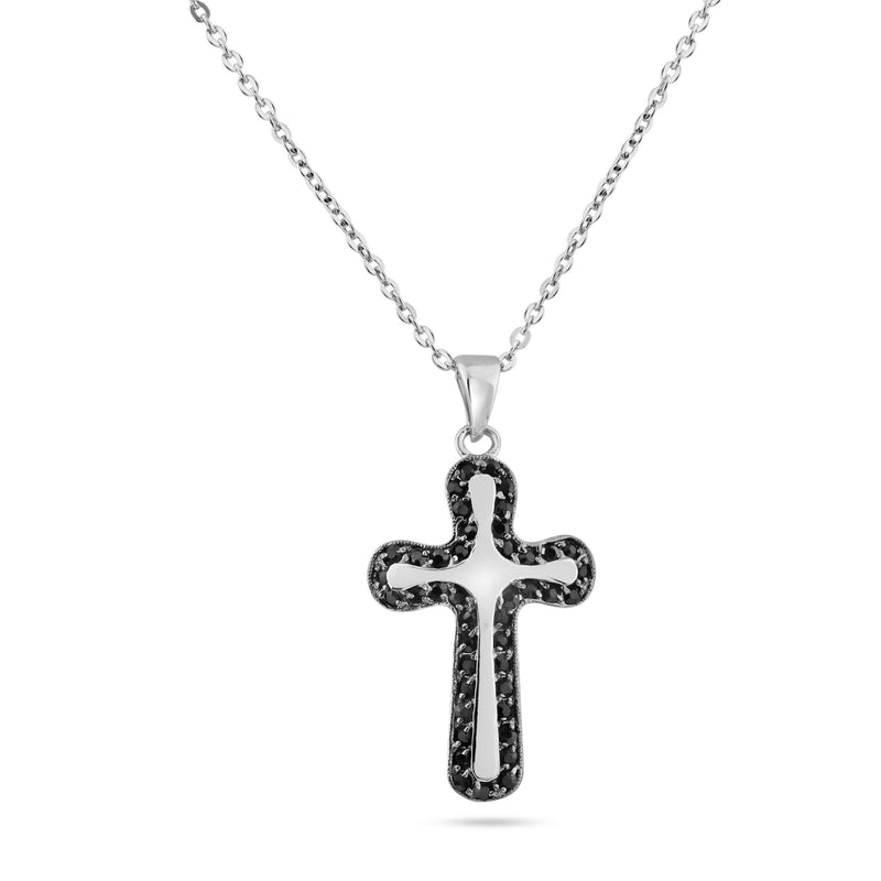 Closeout-Silver 925 Rhodium Black Onyx Cross CZ Necklace - BGP00191 | Silver Palace Inc.