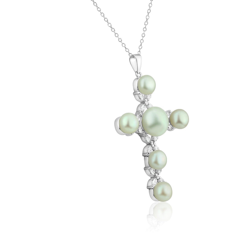 Silver 925 Rhodium Plated Cross CZ Pearl Necklace - BGP00302