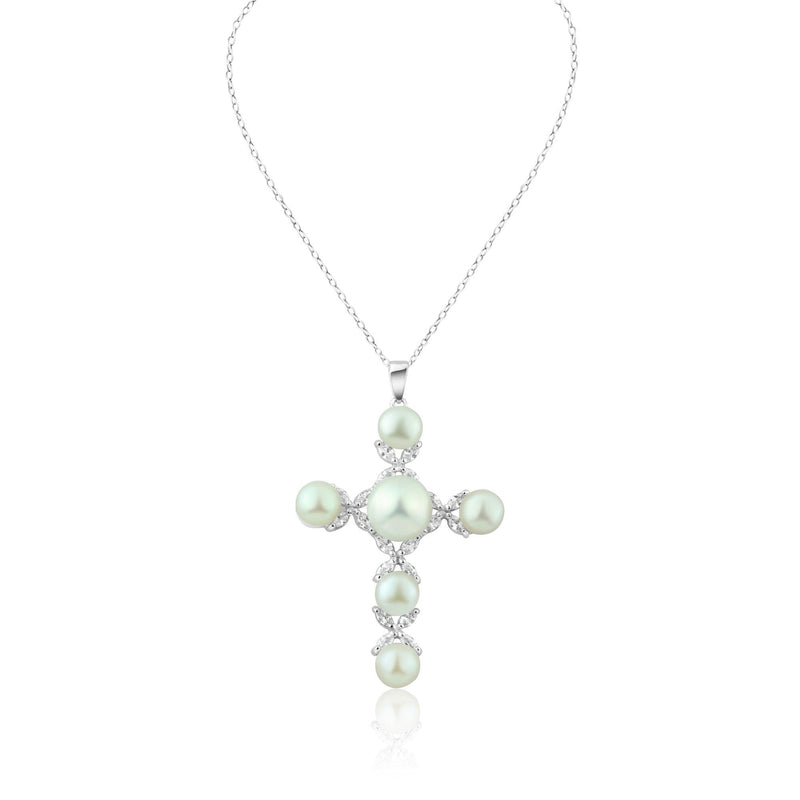 Silver 925 Rhodium Plated Cross CZ Pearl Necklace - BGP00302 | Silver Palace Inc.