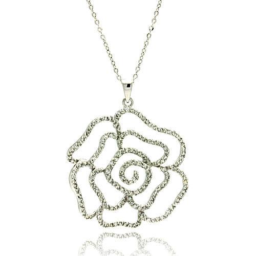 Closeout-Silver 925 Rhodium Plated Outline Flower CZ Necklace - BGP00318 | Silver Palace Inc.