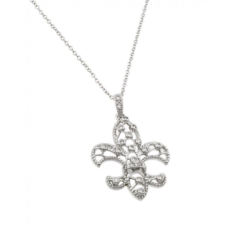 Silver 925 Rhodium Plated Open Fleur De Lis CZ Necklace - BGP00428 | Silver Palace Inc.