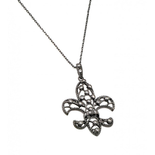 Silver 925 Black Rhodium Plated Open Fleur De Lis CZ Necklace - BGP00433 | Silver Palace Inc.