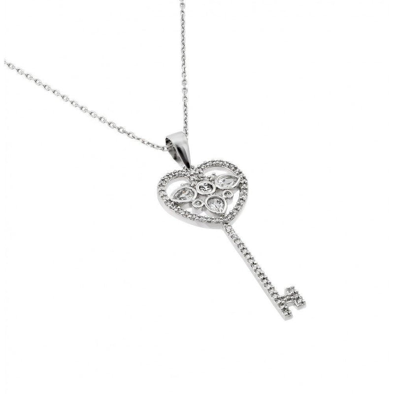 Silver 925 Rhodium Plated Open Heart Key CZ Necklace - BGP00436 | Silver Palace Inc.