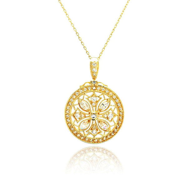 Silver 925 Rhodium Plated Disc Designed Filigree CZ Necklace - BGP00441GP | Silver Palace Inc.