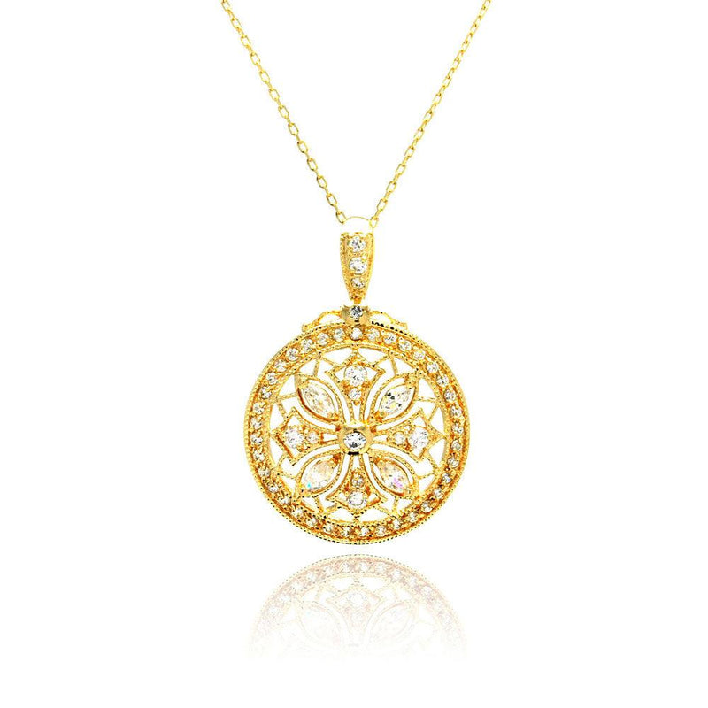 Silver 925 Rhodium Plated Disc Designed Filigree CZ Necklace - BGP00441GP | Silver Palace Inc.