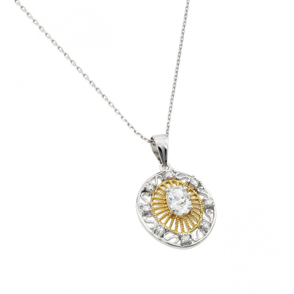 Silver 925 Gold and Rhodium Plated Circle Center CZ Necklace - BGP00462 | Silver Palace Inc.