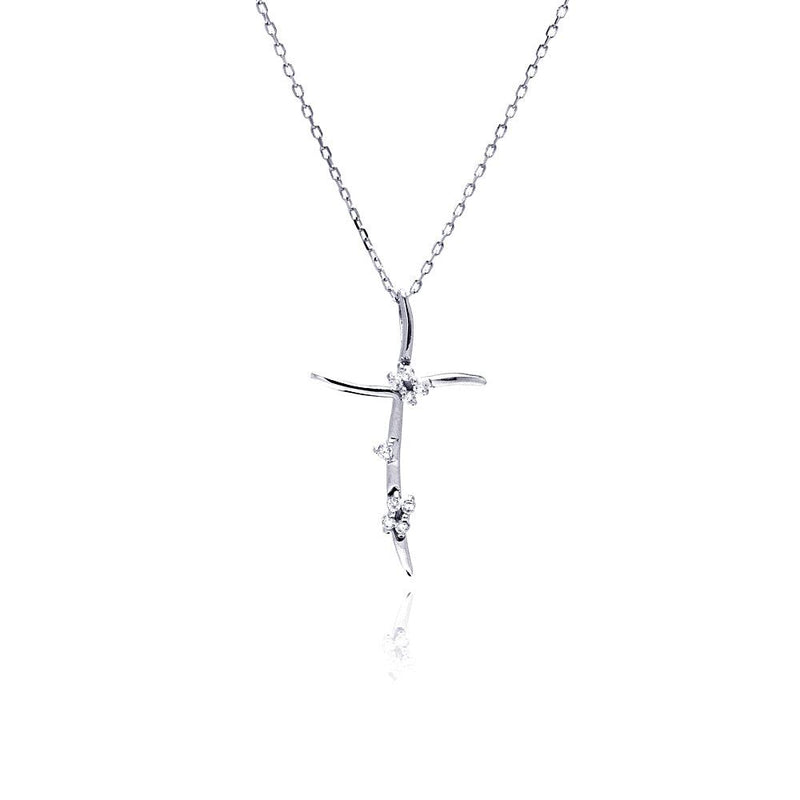 Silver 925 Rhodium Plated Thin Wavy CZ Cross Pendant Necklace - BGP00466 | Silver Palace Inc.