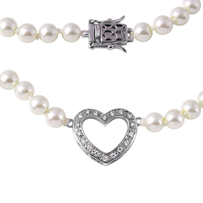 Silver 925 Rhodium Plated Open Heart Pearl Necklace - BGP00497 | Silver Palace Inc.