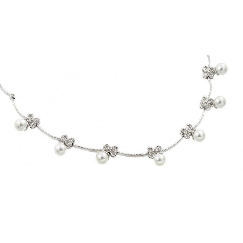 Silver 925 Rhodium Plated Bowtie CZ Multiple Small Pearl Necklace - BGP00501 | Silver Palace Inc.