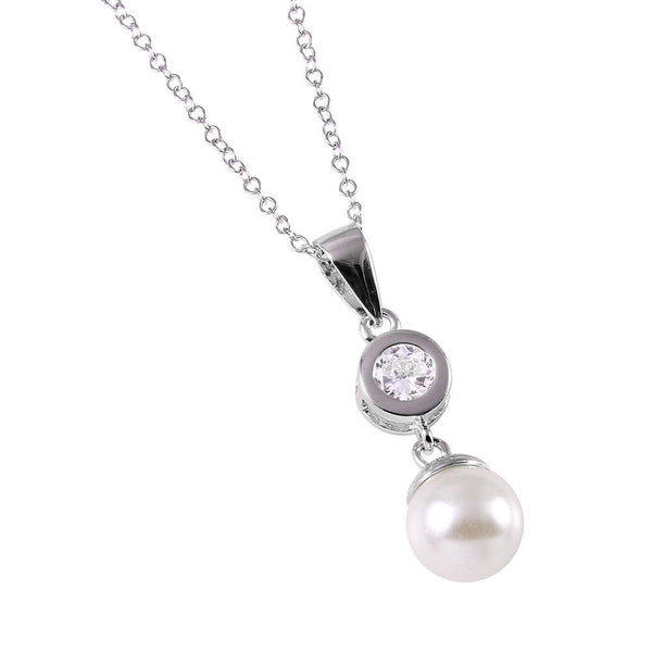 Silver 925 CZ and Synthetic Pearl Drop Necklace - BGP00527 | Silver Palace Inc.