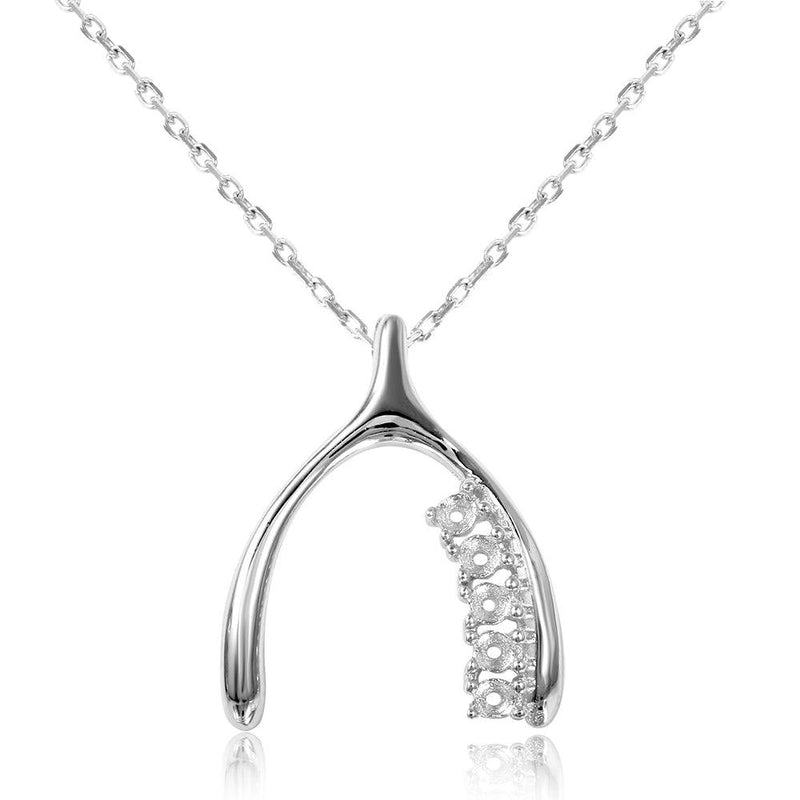 Silver 925 Rhodium Plated Personalized 5 Mounting Wish Bone Necklace - BGP00542 | Silver Palace Inc.