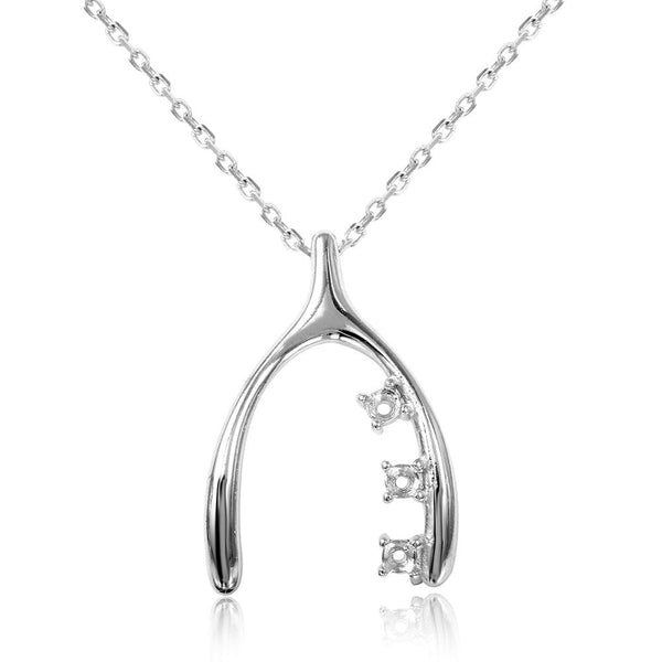 Silver 925 Rhodium Plated Personalized 3 Mounting Wish Bone Necklace - BGP00543 | Silver Palace Inc.