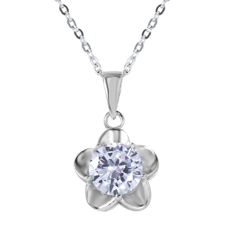 Silver 925 Small 5 Petal Flower With Large CZ Center Pendant Necklace - BGP00609 | Silver Palace Inc.