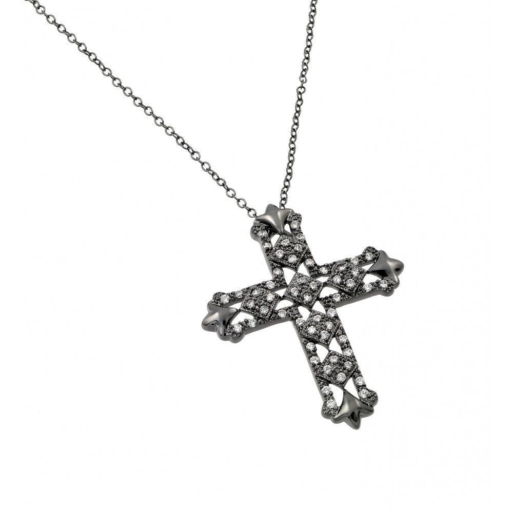 Silver 925 Black Rhodium Plated CZ Cross Necklace - BGP00687-BLK | Silver Palace Inc.