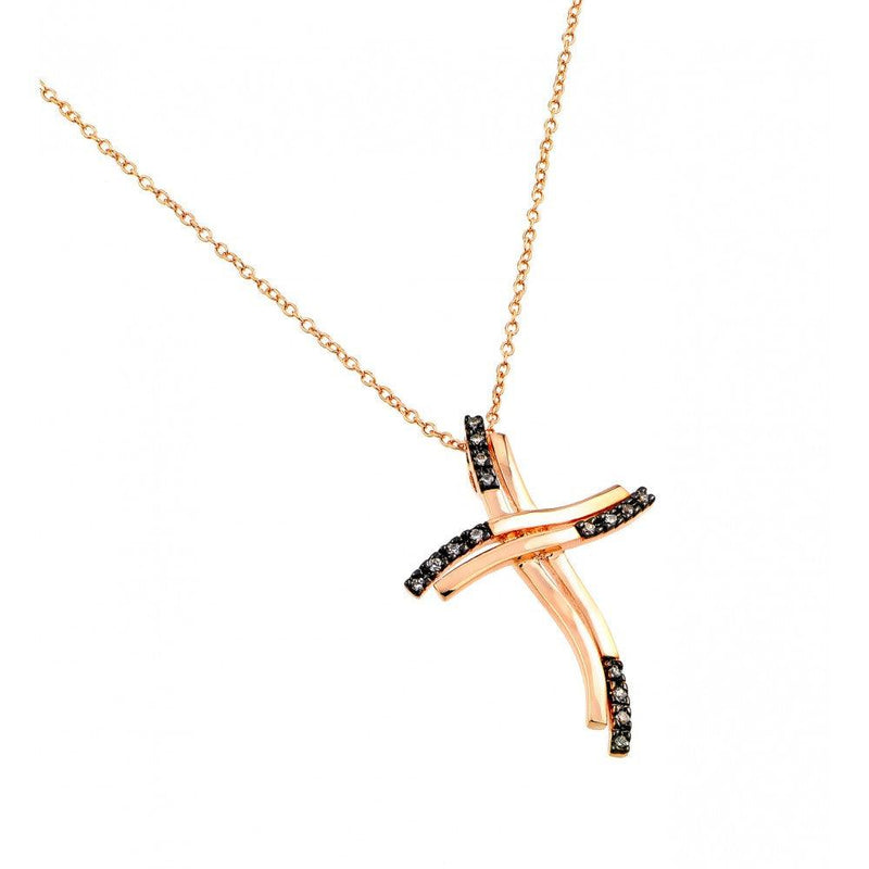 Silver 925 Rose Gold Plated Curvy Black and Clear Cross CZ Necklace - BGP00691RGP | Silver Palace Inc.