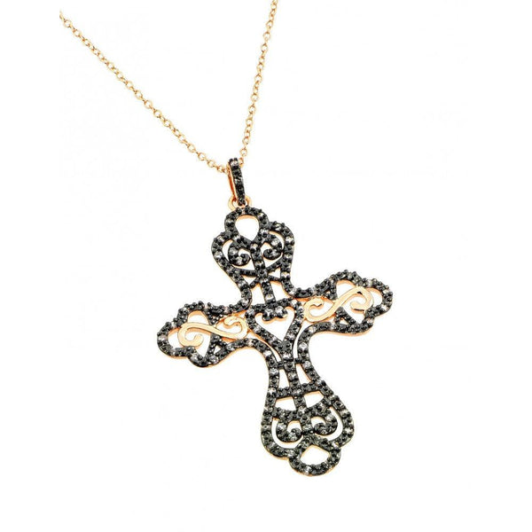 Closeout-Silver 925 Rose Gold Plated Black and Clear Cross CZ Dangling Inlay Necklace - BGP00696 | Silver Palace Inc.