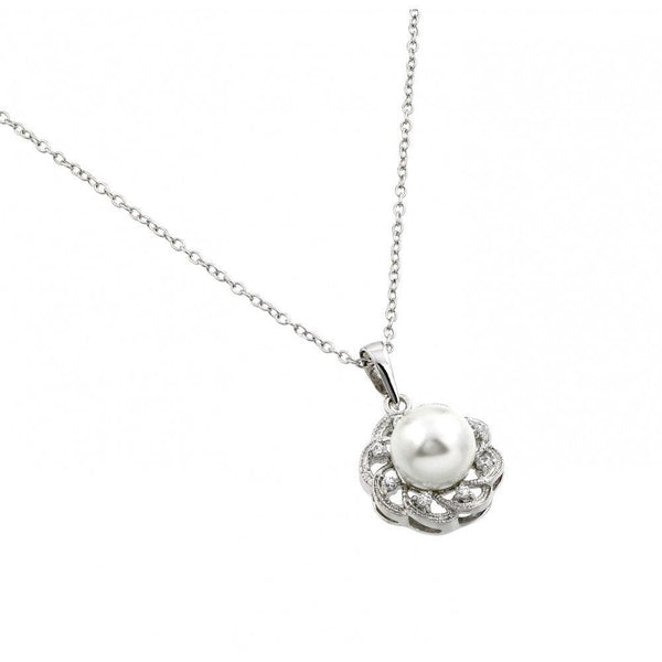 Silver 925 Rhodium Plated Flower CZ Center Pearl Necklace - BGP00707 | Silver Palace Inc.