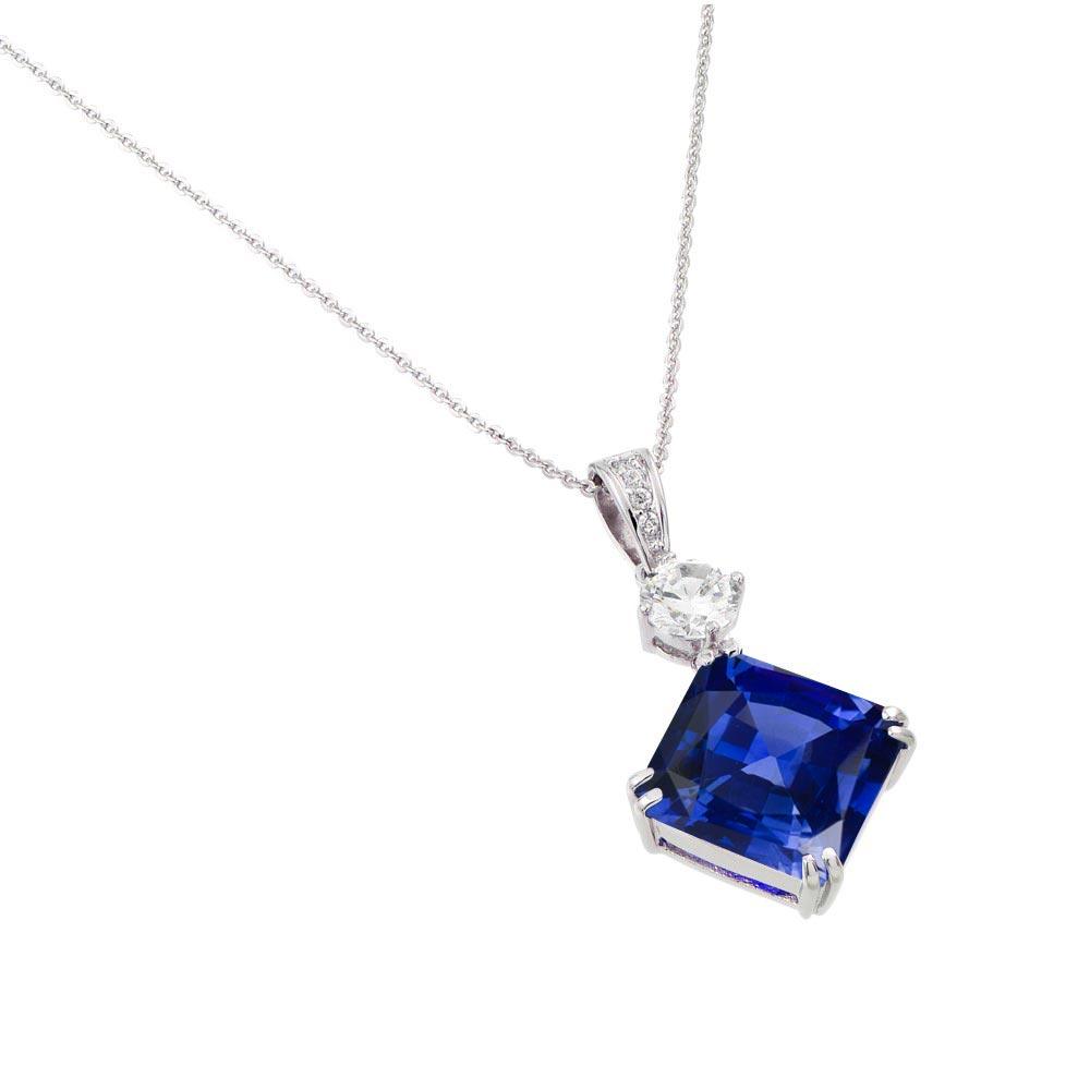 Silver 925 Rhodium Plated Blue CZ Square Pendant - BGP00726 | Silver Palace Inc.