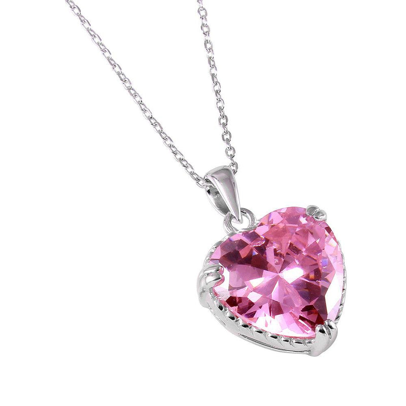 Silver 925 Rhodium Plated Pink Heart CZ Rope Necklace - BGP00731PNK | Silver Palace Inc.
