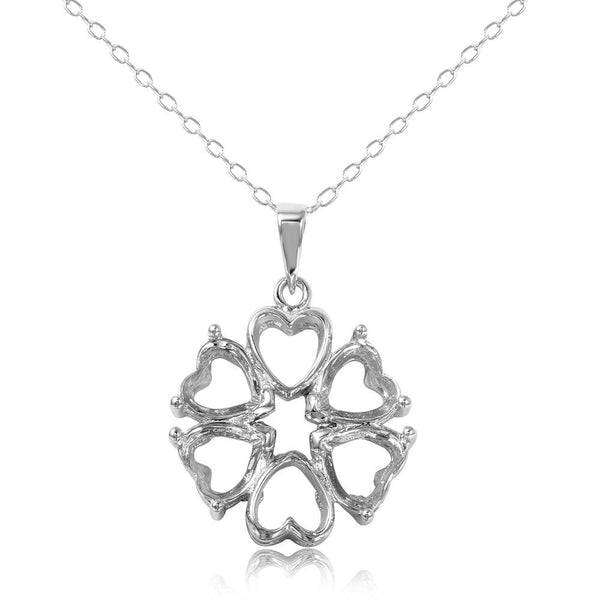 Silver 925 Rhodium Plated Personalized 4 Hearts Mounting 2 Open Heart Flower Necklace - BGP00784 | Silver Palace Inc.