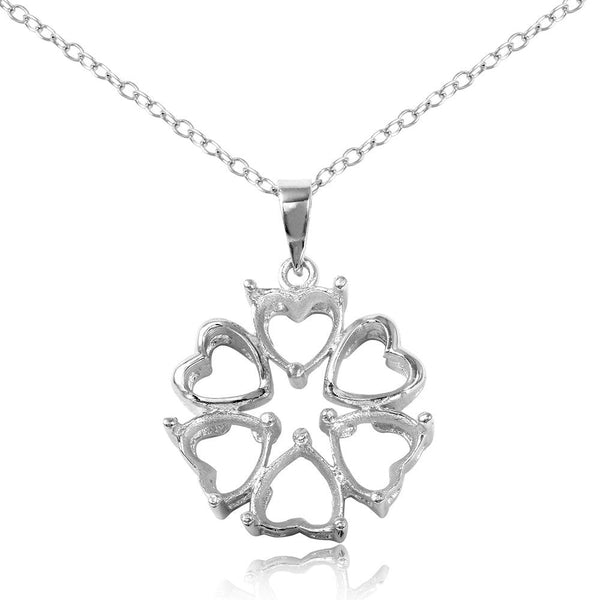 Silver 925 Rhodium Plated Personalized 4 Hearts Mounting 2 Open Heart Flower Necklace - BGP00785 | Silver Palace Inc.