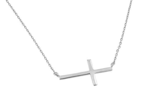 Silver 925 Rhodium Plated Plain Sideways Solid Cross Pendant Necklace - BGP00821RHD | Silver Palace Inc.