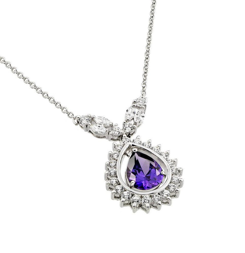 Silver 925 Rhodium Plated Purple CZ Drop Shape Pendant Necklace - BGP00830A | Silver Palace Inc.