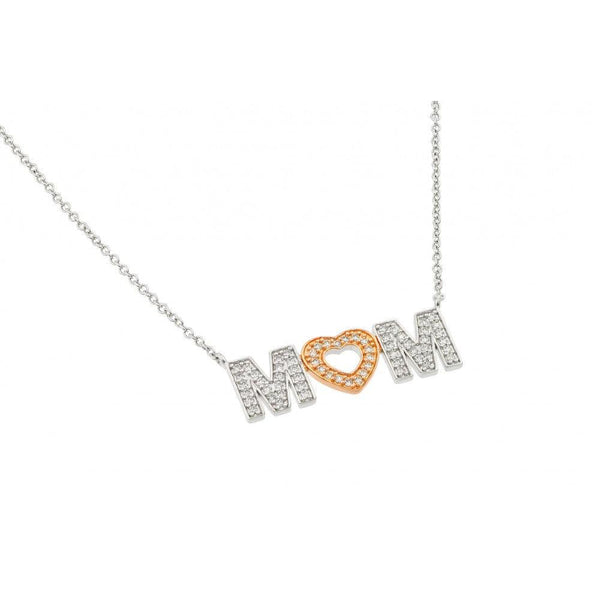 Silver 925 Rhodium and Gold Plated Clear CZ MOM with Heart Pendant Necklace - BGP00831 | Silver Palace Inc.