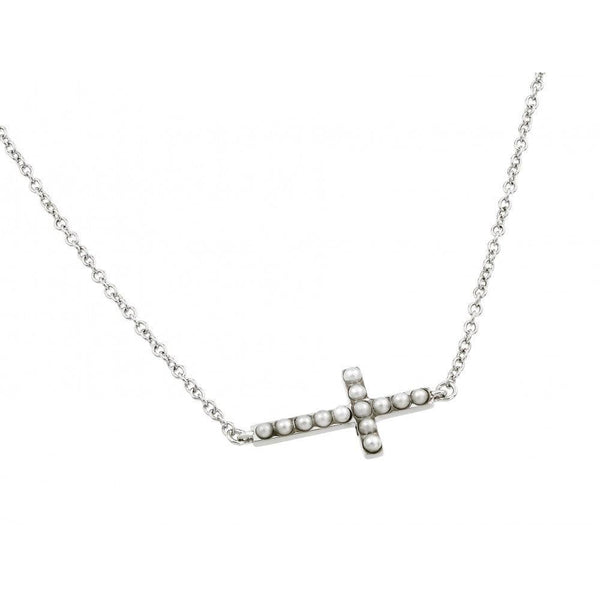 Silver 925 Rhodium Plated Sideways Cross with Pearls Pendant Necklace - BGP00834 | Silver Palace Inc.