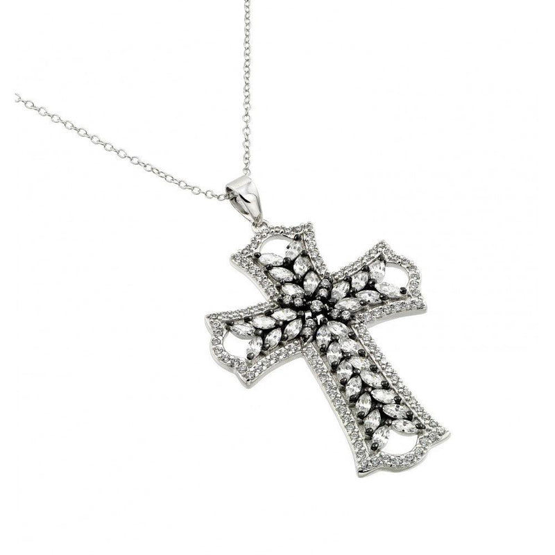 Silver 925 Rhodium Plated Clear CZ Stone Cross in Black Setting Pendant Necklace - BGP00843CLR | Silver Palace Inc.