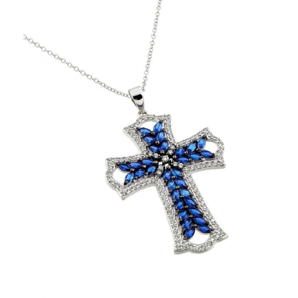 BANDAI SILVER 925 ブルー クリスタル ネックレス Silver 925 Rhodium Plated Clear and Blue CZ Stone Cross in Black