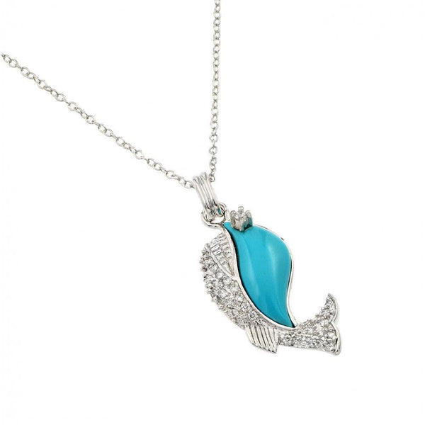 Silver 925 Rhodium Plated Clear CZ Stone Turquoise Blue Whale Pendant Necklace - BGP00855TQ | Silver Palace Inc.