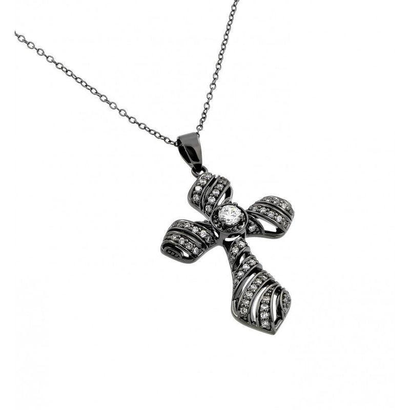 Silver 925 Black Rhodium Plated Clear CZ Stone Cross Pendant Necklace - BGP00859 | Silver Palace Inc.