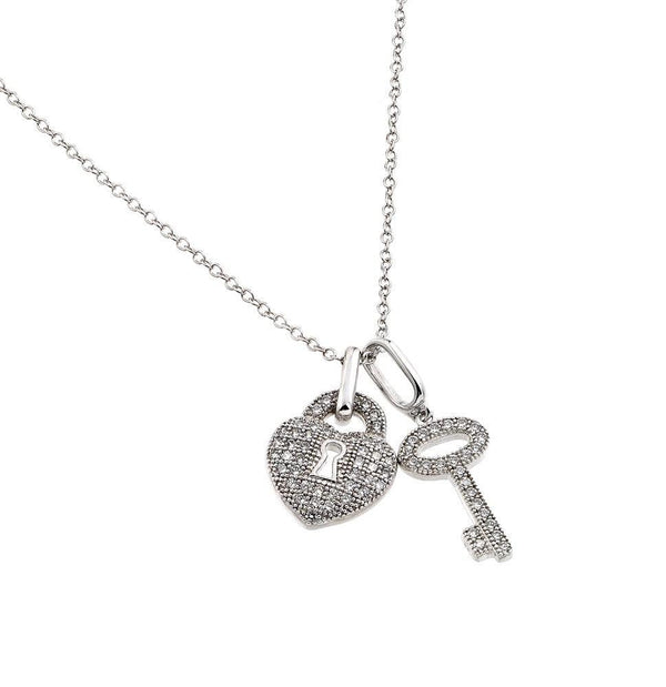 Silver 925 Rhodium Plated Clear CZ Lock and Key Pendant Necklace - BGP00860 | Silver Palace Inc.
