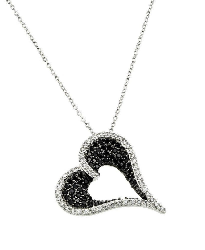 Silver 925 Rhodium Plated Clear and Black CZ Stone Curved Heart Pendant Necklace - BGP00865 | Silver Palace Inc.